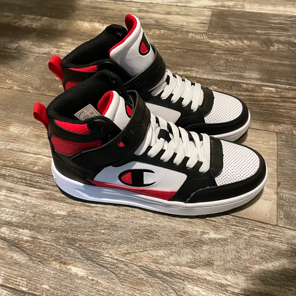 Champion Black, White, and Red High-Top Sneakers
